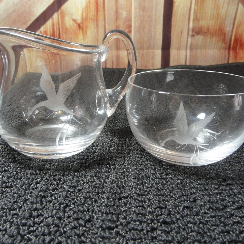 VTG Oreffors Swedish Etched Crystal Surag & Creamer set~Birds of Paradis…